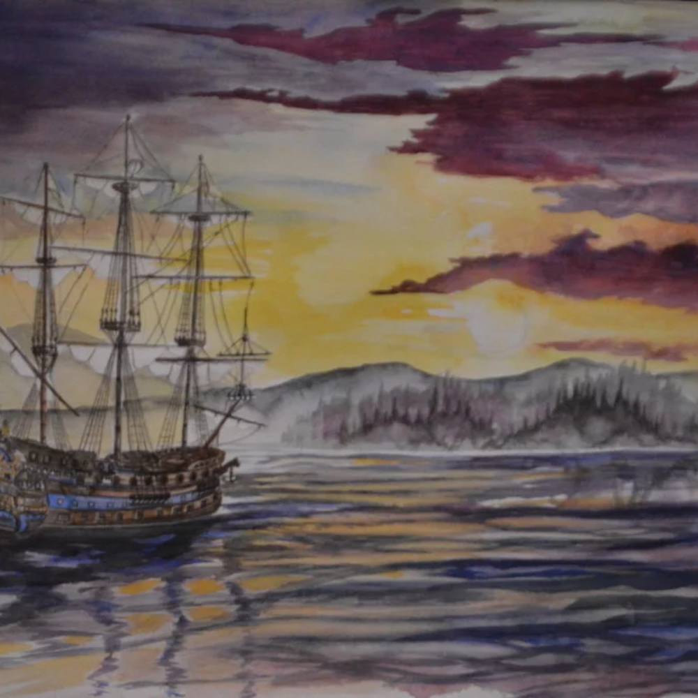 "Midnight Bay"
Sailing ship anchored for the night as the sun drops over a bay. 9x12 prints available.