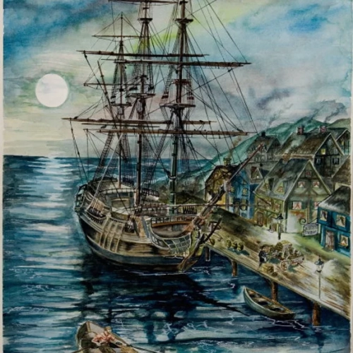 "Midnight Mischief"
16x24 original. Prints available in several sizes including 9x12 and larger. I really enjoyed painting this dock scene of a ship being unloaded on a moonlit evening. The man rowing the small boat in the foreground has to be up to some mischief.