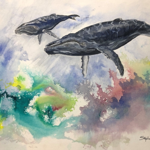 "Mother and Child" 
Humpback whale family depicted in colorful underwater scene. Original available. 26x33. 320.00
9x12 prints available.